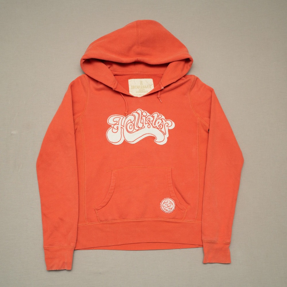 Vintage Rare 90s Y2k Hollister Hoodie Embroidered Overlock Burnt Orange Adult M